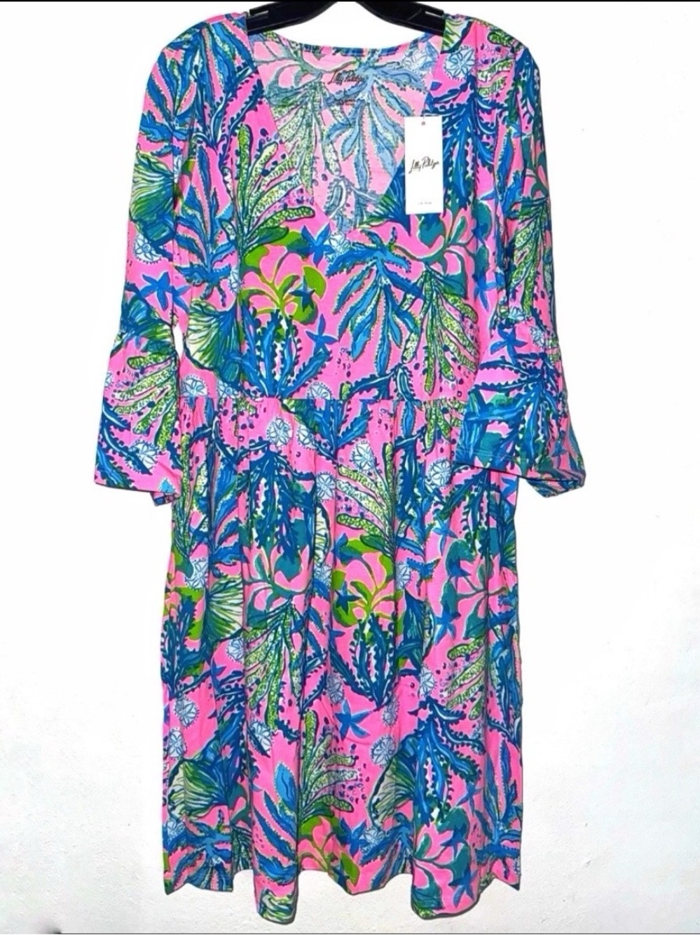 Lilly Pulitzer Bright Floral Jannie V-neck 3/4 Sleeve Cotton Dress L NWT $118